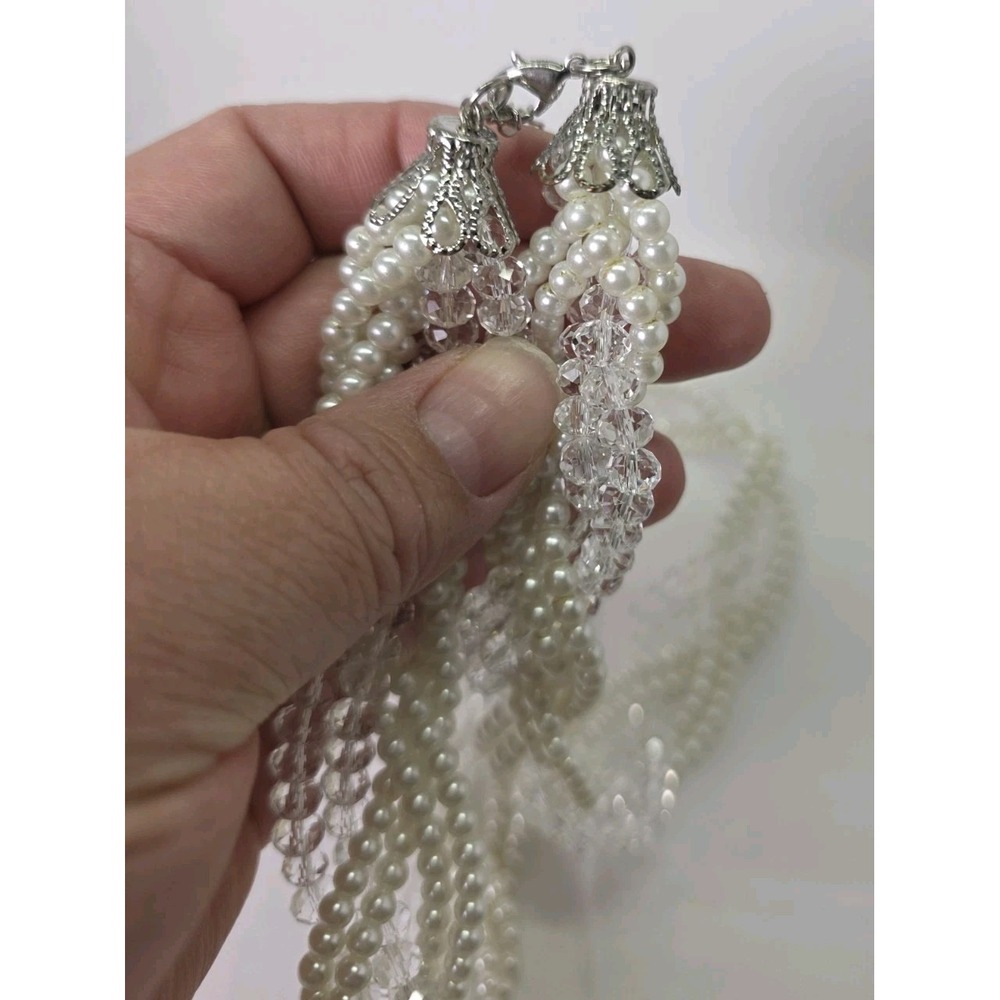 Vintage Faux Pearl and Crystal Multi Strand Twisted Torsade Necklace White 20" - Picture 2 of 4